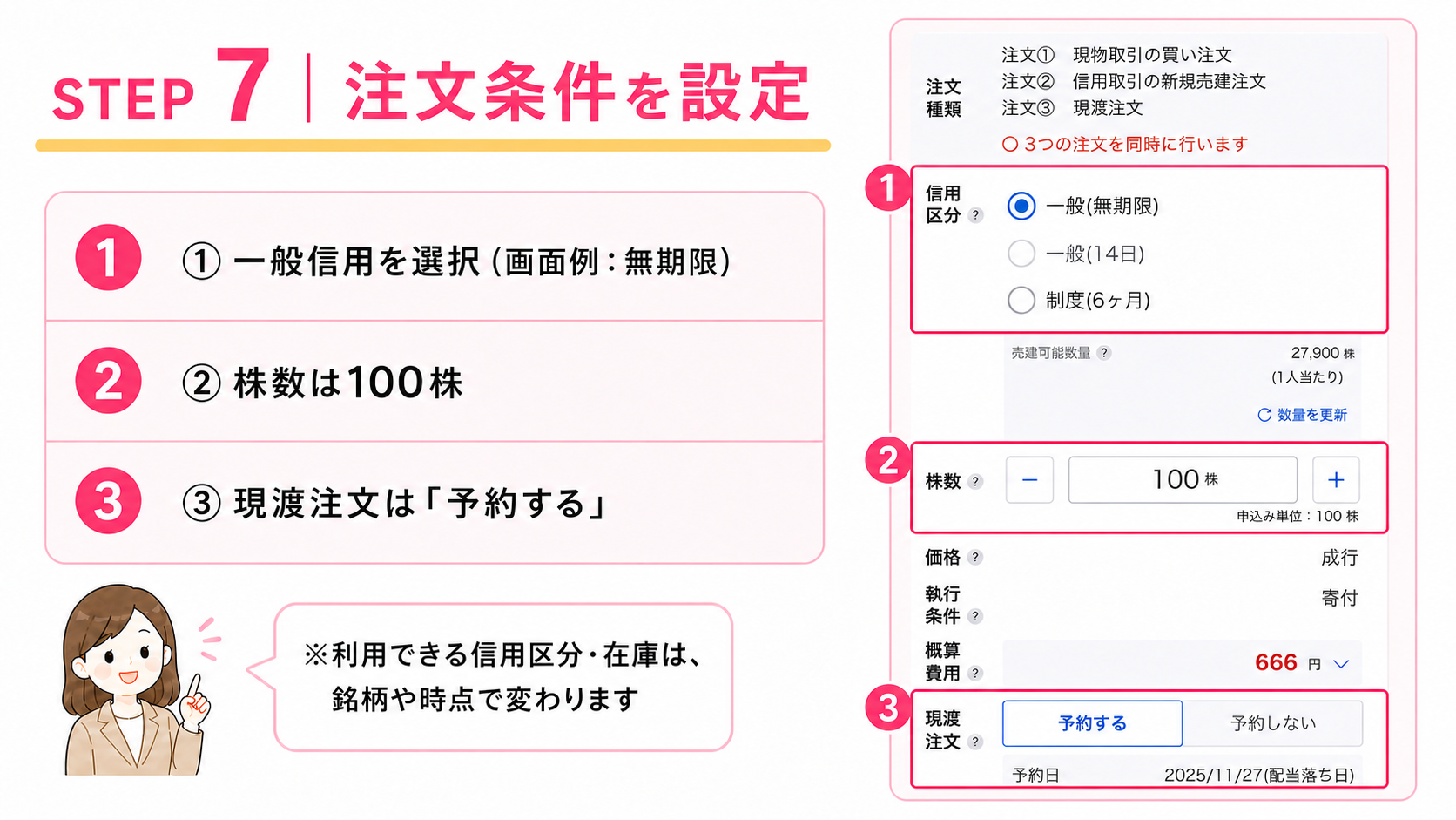 一般信用、100株、現渡予約、概算費用666円を確認する手順