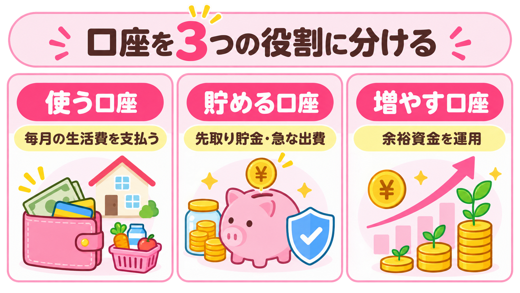 使う・貯める・増やすの3つに口座の役割を分ける図解
