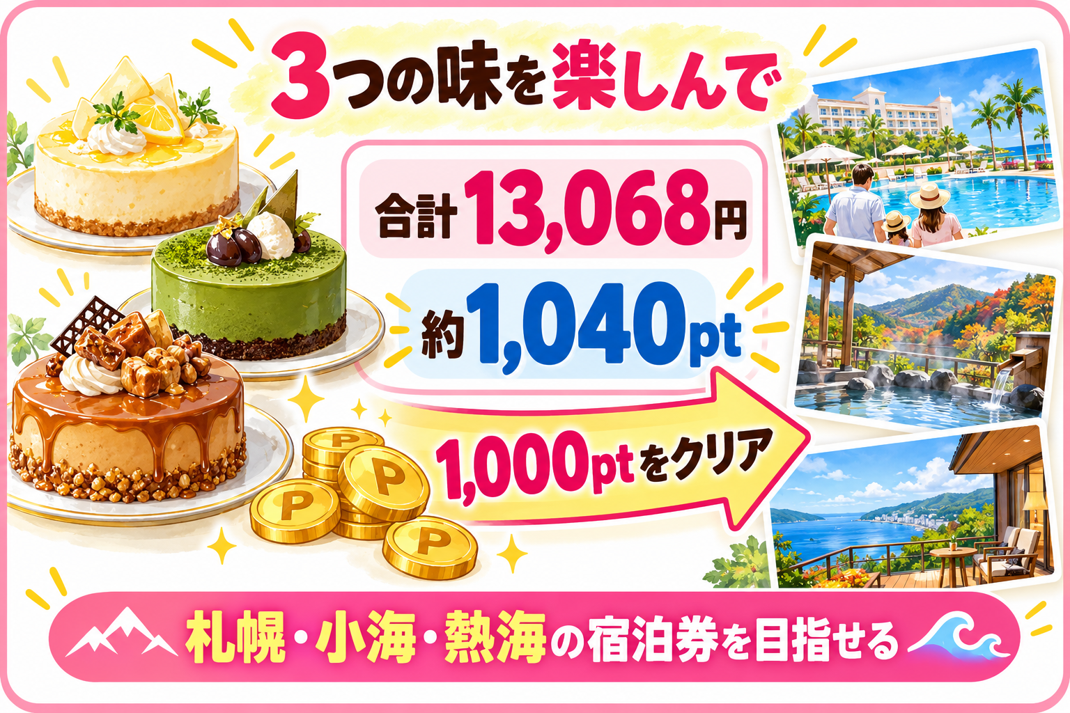 3種類のケーキで約1040ポイントになる組み合わせ例