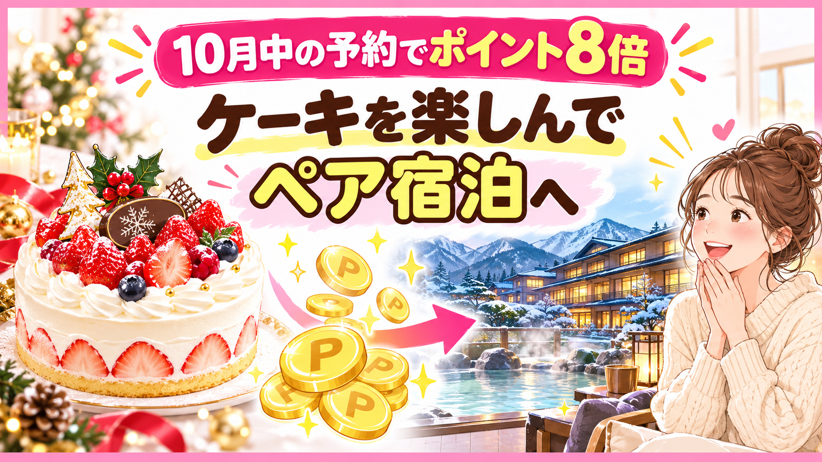 10月中の予約でポイント8倍・ケーキを楽しんでペア宿泊へ